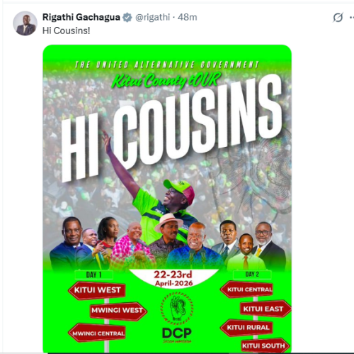 Democracy for the Citizens Party (DCP) leader, Rigathi Gachagua's post confirming the rally on April 22, 2026. PHOTO/Screengrab by People Daily Digital/@rigathi/X