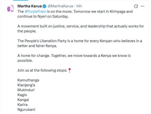 People’s Liberation Party (PLP) leader Martha Karua post on April 23, 2026 ahead of the rally. PHOTO/Screengrab by People Daily Digital/@MarthaKarua/X