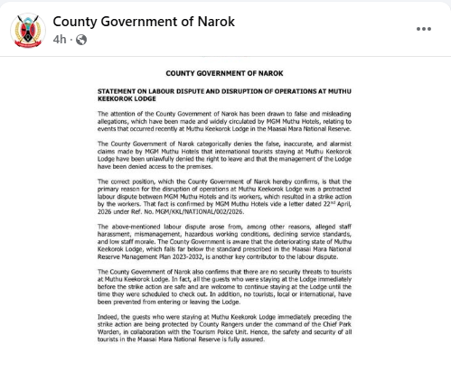 Part of the statement issued by the County Government of Narok on Thursday, April 24, 2026. PHOTO/Screengrab by People Daily Digital/https://www.facebook.com/narokcounty33/Facebook