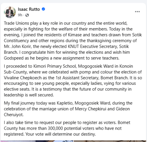 Bomet’s first Governor, Isaac Rutto's post on April 25, 2026. PHOTO/Screengrab by People Daily Digital/https://web.facebook.com/IsaacRuttoGov/X