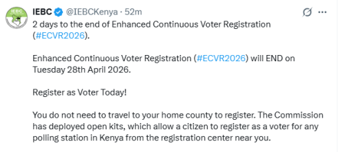 Independent Electoral and Boundaries Commission (IEBC) post on April 26, 2026. PHOTO/Screengrab by People Daily Digital/@IEBCKenya/X