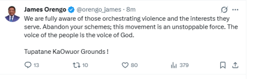Siaya governor James Orengo's post on April 26, 2026 ahead of Kisumu Rally. PHOTO/Screengrab by People Daily DIgital/@orengo_james/X