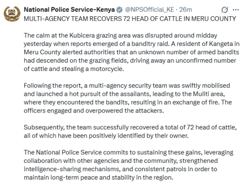 NPS statement on April 26, 2026. PHOTO/Screengrab by People Daily Digital/@NPSOfficial_KE/X