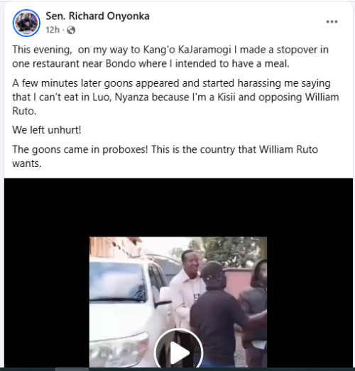 Kisii Senator Richard Onyonka's post on April 25, 2026. PHOTO/Screengrab by People Daily Digital/https://web.facebook.com/AmBecauseWeAre/FB