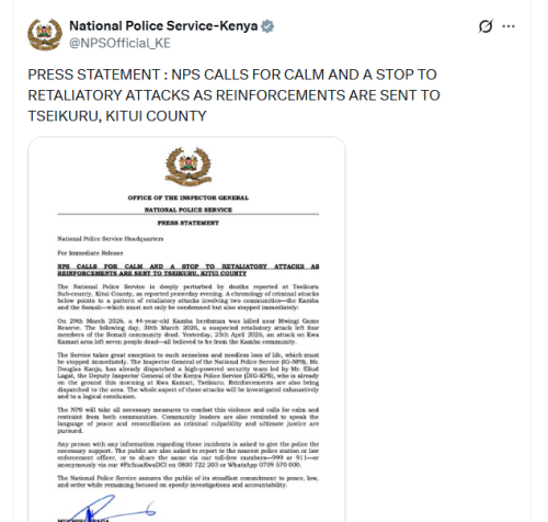 The National Police Service statement on April 26, 2026. PHOTO/Screengrab by People Daily Digital/@NPSOfficial_KE/X