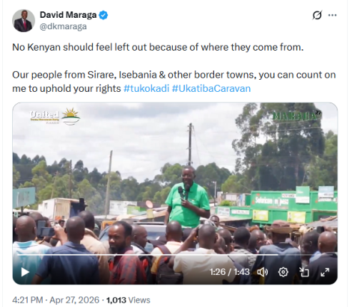Former Chief Justice David Maraga speaking to residents in the border region of Hisbania on Monday, April 27, 2026. PHOTO/Screengrab by People Daily Digital/@dkmaraga/X
