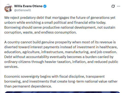 Safina Party Deputy leader Willis Otieno's post on April 29, 2026. PHOTO/Screengrab by People Daily Digital/@otienowill/X