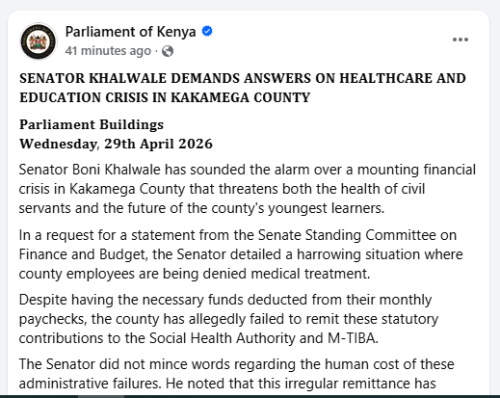 Statement by the Parliament of Kenya on Wednesday, April 29, 2026. PHOTO/Screengrab by People Daily Digital/https://web.facebook.com/ParliamentKE/FB