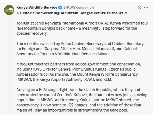 Kenya Wildlife Service X post on April 29, 2026. PHOTO/Screengrab by People Daily Digital/@KWSKenya/X