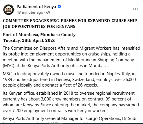 Statement by the Parliament of Kenya on April 29, 2026. PHOTO/Screengrab by People Daily Digital/https://web.facebook.com/ParliamentKE/FB