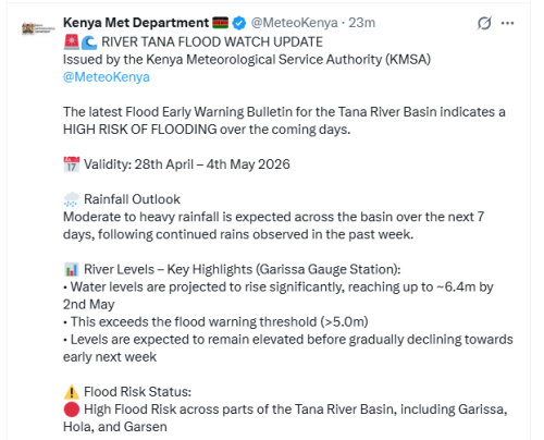 The Kenya Meteorological Service Authority post on his X account on April 29, 20226. PHOTO/Screengrab by People Daily Digital/@MeteoKenya/x