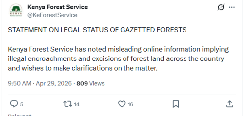 Kenya Forest Service notice on April 29, 2026. PHOTO/Screengrab by People Daily Digital/@KeForestService/X