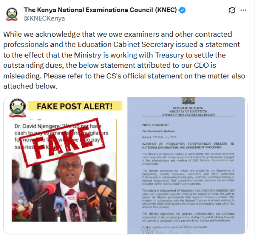 The statement by KNEC posted on X on Tuesday, March 31, 2026.