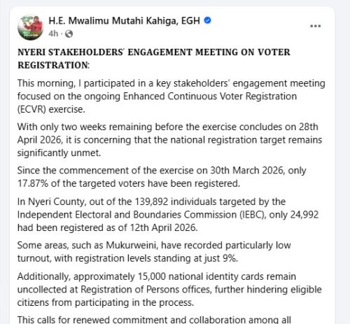 Nyeri Governor Mutahi Kahiga's post on Facebook page on Monday, April 13, 2026. PHOTO/Screengrab by People Daily Digital/https://www.facebook.com/GovernorKahiga/FB