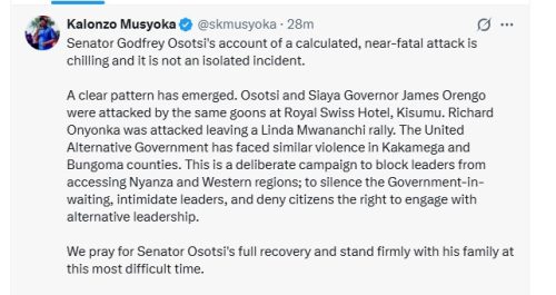 X post by Wiper Patriotic Front Party leader Kalonzo Musyoka on April 9, 2026. PHOTO/Scrreengrab by People Daily Digital/@skmusyoka/X