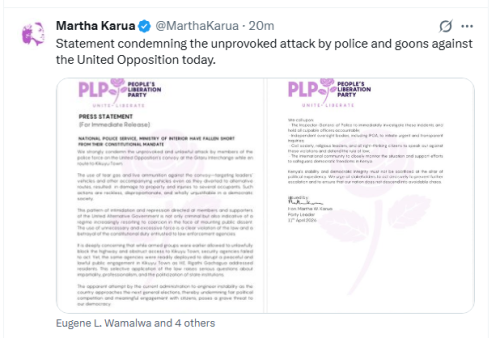 The People’s Liberation Party (PLP) statement on April 11, 2026. PHOTO/Screengrab by People Daily Digital/@MarthaKarua/X