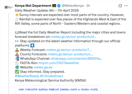 Kenya Met update on the rainfall in Rift Valley and North Eastern. PHOT/Screengrab by People Daily Digital/@MeteoKenya/X