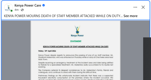 Kenya Power statement mourning the death of their employee. PHOTO/Screengrab by People Daily Digital/https://www.facebook.com/KenyaPowerLtd/FB