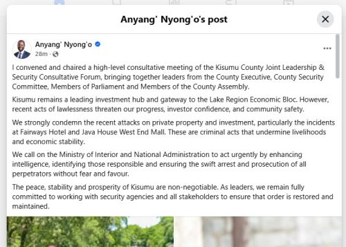 Kisumu Governor Anyang' Nyong'o post on Monday, APril 13, 2026. PHOTO/Screengrab by People Daily Digital/https://www.facebook.com/ProfAnyangNyongo/FB