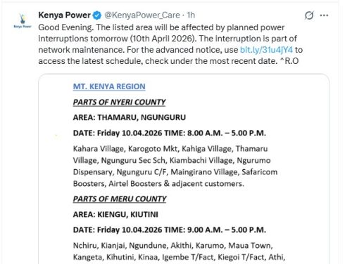 Kenya Power notice on April 9, 2026. PHOTO/Screengrab by People Daily Digital/@KenyaPower_Care/X