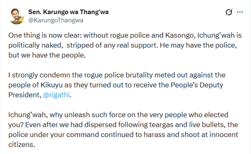 X post by Kiambu Senator Karungo wa Thang'wa on April 11, 2026. PHOTO/Screengrab by People Daily Digital/@KarungoThangwa/X