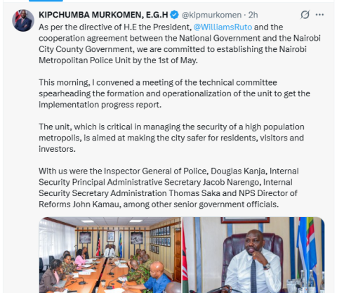 Interior Cabinet Secretary Kipchumba Murkomen's post on April 10, 2026. PHOTO/Screengrab by People Daily Digital/@kipmurkomen/X