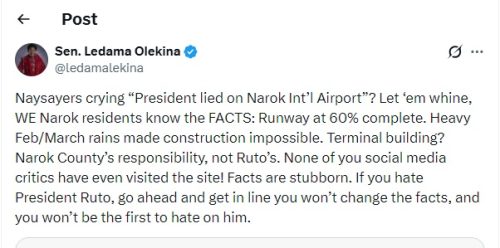 Narok Senator Ledama Olekina post on April 2, 2026. PHOTO/Screengrab by People Daily Digital/@ledamalekina/X