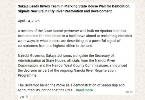 Nairobi governor Johnson Sakaja uupdate on April 14, 2026. PHOTO/Screengrab by People Daily Digital/https://whatsapp.com/channel/0029VaDun1F8F2p6gub8b43M/4878/WhattsApp