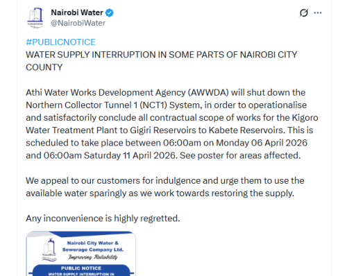 Notice by the Nairobi City Water & Sewerage Company Ltd (NCWSC). PHOTO/Screengrab by People Daily Digital/@NairobiWater/X 