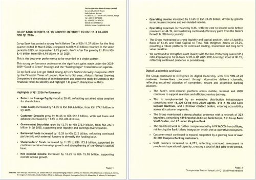 Part of the report showing the bank’s performance results and growth in key banking segments. PHOTO/Co-operative Bank