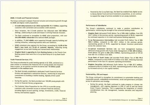Part of the report showing the bank’s performance results and growth in key banking segments. PHOTO/Co-operative Bank
