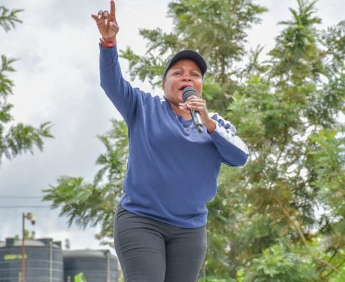 Kirinyaga gubernatorial aspirant Wangui Ngirici addressing the residents of Gakuo during her Ziara Mashinani tours on Saturday May 16 2026. PHOTO/Bancy Lole.