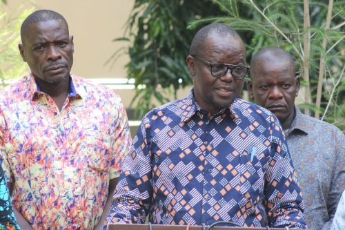ODM leaders including ODM Chairperson Gladys Wanga, Migori governor Ochilo Ayacko and Kisumu MP Joshua Oron during a joint press briefing ahead of the Kisumu Wabiro rally at Kirembe grounds over the weekend. Photo//Viola Kosome