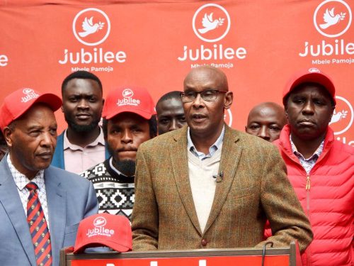 The Jubilee Party officials during a presser, revealing Wilson Kigwa, the Jubilee Party's flag bearer for the upcoming Olkalou Constituency by-election. PHOTO/https://www.facebook.com/TheJubileeParty/Facebook