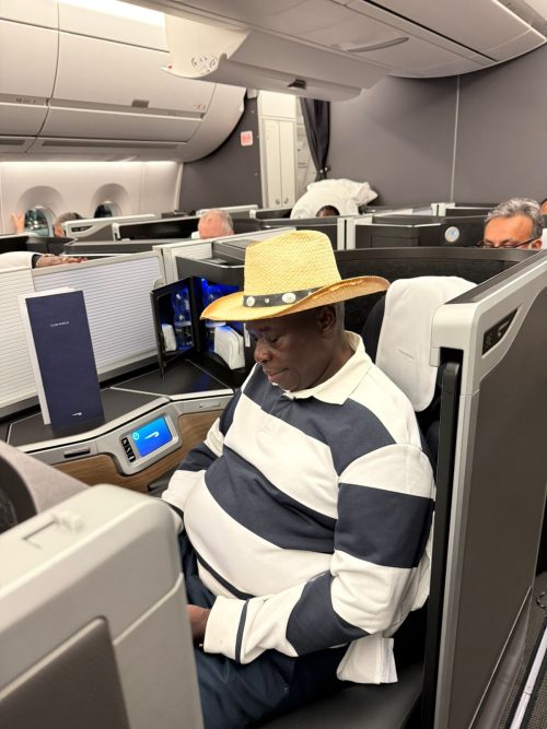 The second deputy president while in a flight en route to the United Kingdom. PHOTO//https://web.facebook.com/profile.php?id=61576451663013