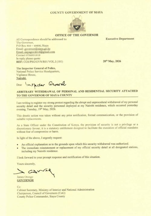 Siaya Governor James Orengo's statement on the withdrawal of his security. PHOTO//https://www.facebook.com/profile.php?id=100044525912485