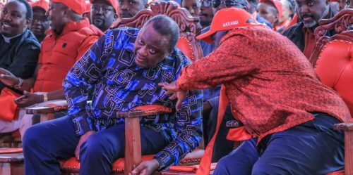 Retired president Uhuru Kenyatta having a conversation with his deputy party leader Fred Matiang'i during the Kiambu party delegates meeting on Monday, May 25, 2026. PHOTO//https://www.facebook.com/TheJubileeParty