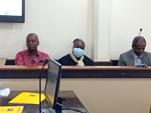 Former Minister Amos Kimunya former Director of Land Adjudication and Settlement Lilian Wangari Njenga, and businessman Junghae Wainaina in court. PHOTO/Zipporah Ngwatu