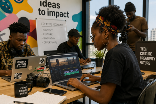 Young creatives collaborating in a modern digital studio as they explore opportunities in the evolving creative economy. PHOTO/AI