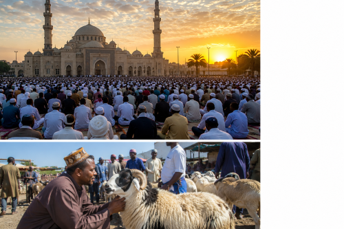 Massive congregation performs Eid al-Adha prayers at a grand mosque during golden sunset, with a man carefully selecting a sacrificial ram at a bustling livestock market below. PHOTO/AI