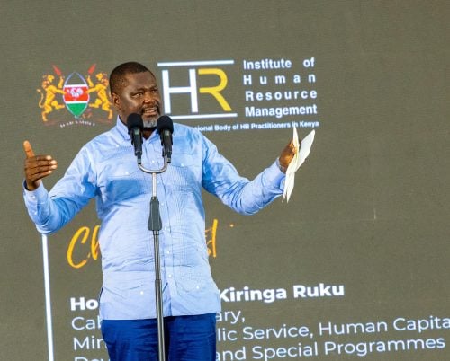 Public Service CS Geoffrey Ruku speaks during Annual National HRM Congress in Mombasa. PHOTO/@gk_ruku/X