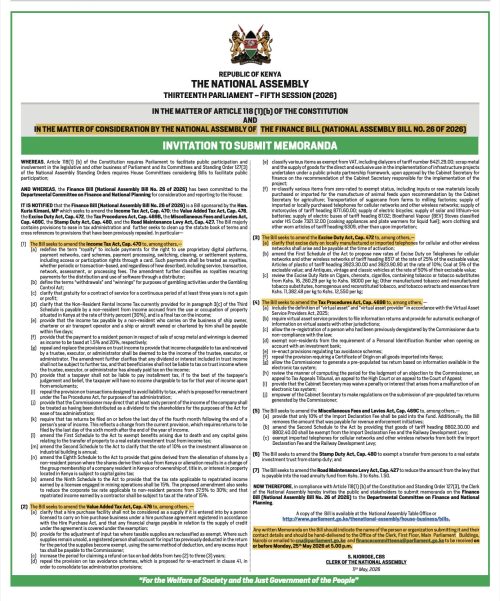 Notice inviting public participation on the Finance Bill 2026 issued by the National Assembly. PHOTO/Screengrab by People Daily Digital