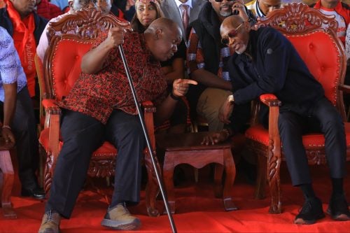 Jubilee Deputy Party Leader Fred Matiang'i engages in a conversation with Muhoho Kenyatta during the homecoming celebration for Jubilee Secretary General Moitalel Ole Kenta on Friday, May 1, 2026. PHOTO/@RealMatiangi/X