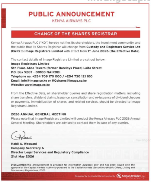 Public announcement on change of share registrar. PHOTO/Kenya Airways