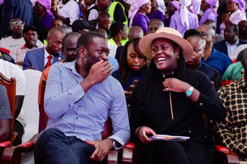 Edwin Sifuna and Winnie Odinga share a light moment at the funeral of the mother of Kisii Senator Richard Onyonka in Kisii on Friday, May 15, 2026. PHOTO/@edwinsifuna/X