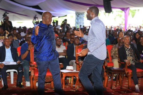 Jubilee Deputy Party Leader Fred Matiang'i embraces Nairobi Senator Edwin Sifuna in Kisii on Friday, May 15, 2026. PHOTO/@RealMatiangi/X