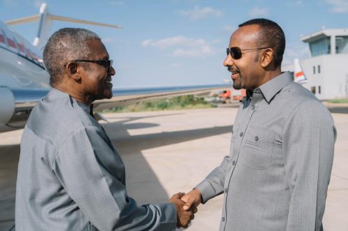 Aliko Dangote is welcomed by Ethiopian Prime Minister Abiy Ahmed Ali during a visit to the Gode fertiliser plant construction site in Ethiopia’s Somali region. PHOTO/@AbiyAhmedAli/X