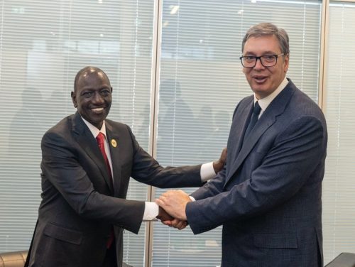 President William Ruto with Serbian President Aleksandar Vučić on the sidelines of the 13th World Urban Forum (WUF13) in Baku, Azerbaijan. PHOTO@WilliamsRuto/X