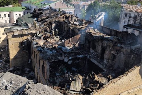 Destroyed buildings seen after a heavy Russian strike on Kyiv. PHOTO/@StefanishynaO/X
