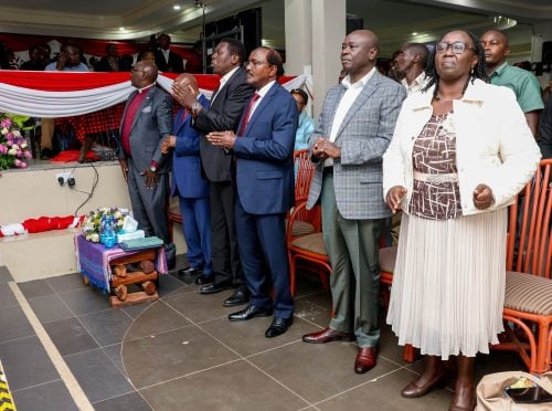 Kalonzo Musyoka, Rigathi Gachagua, Eugene Wamalwa and Hannah Wendot Cheptumo during a church service. PHOTO/@skmusyoka/X